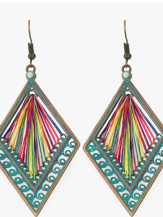 Jewelry - Turquoise Diamond Tassel Thread Earrings - Multicolor